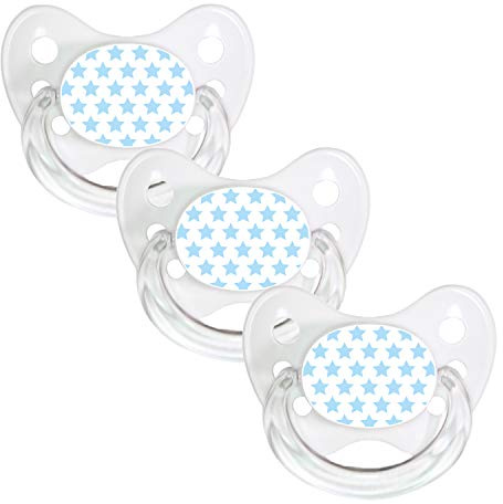 dentistar Silikon Schnuller 3er-Set - Größe 1 Schnuller 0-6 Monate - Zahn- & kieferfreundlicher Nuckel mit Dental-Stufe – BPA-frei – Made in Germany - Blaue Sterne, Weiß