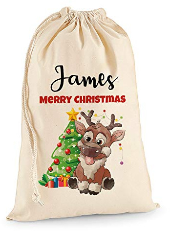 TULLUN Personalised Custom Made Santa Christmas Natural Cotton Sack Bag Extra Large (75 x 49 cm 38 litres) with Drawstring for Xmas Holiday Presents - Reindeer