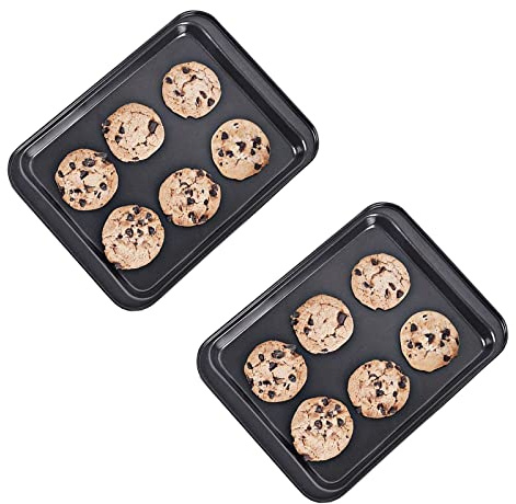 HYTK Small Baking Sheet Nonstick 9.45 X 7.09 Inch (Inner 7.5x6), 8 Inch Mini Cookie Tray Toaster Conventional Oven Pan No Warp No Rust Magnetic Bakeware for 1 to 2 person 2 Pack