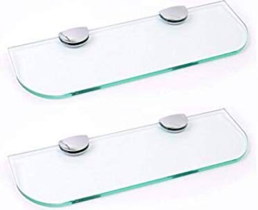 BSM Marketing Glasregale mit gebogenen Ecken, 6 mm dick, gehärtetes Glas, transparent, für Badezimmer, Küche, Schlafzimmer, 300 mm x 100 mm, mit großen verchromten Stützen, 2 Stück
