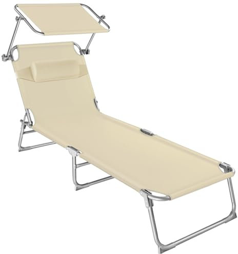tectake® Sonnenliege mit Dach, Strandliege klappbar, leichte Gartenliege, Outdoor Liegestuhl mit Verstellbarer Rückenlehne, inkl. Kopfkissen - ideal für Balkon, Terrasse, Camping, Strand - beige