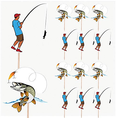 AK Giftshop Pike Fishing Mix Birthday Party Food Cupcakes Picks Decorations Toppers (Pack of 14)