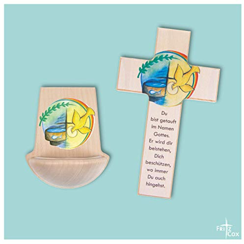 Fritz Cox Kinder-Set Kinder-Holz-Kreuz Taufe mit Taufbrief | das ideale Geschenk zur Taufe 20cm mit Weihkessel natur
