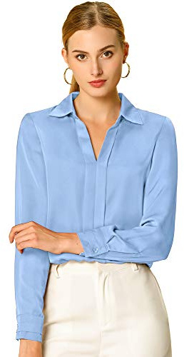 Allegra K Women's Silk Top Elegant V Neck Satin Blouse Long Sleeve Dressy Business Shirt Work Tops 2025 X-Small Light Blue