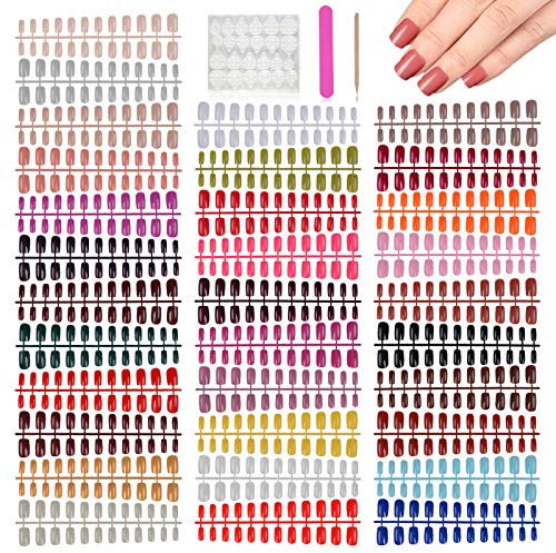 768 Pieces Medium Square Press on Nails, EBANKU 32 Colors Fingernails Glossy Fake Nail Colorful Full Cover Artificial False Nail Acrylic Nail Tip Kit for DIY Nail Art Decorations