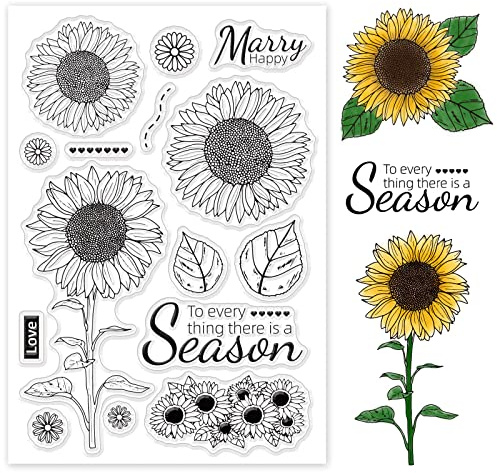 GLOBLELAND Sonnenblumen Transparente Silikonstempel Blumenstrauß Blumen Klare Stamps „Happy Marry“ Silikonstempel Für Kartengestaltung DIY Prägung Journaling