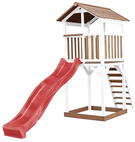 AXI Beach Tower Wooden Play Tower in Brown and White | Play tower with sandpit and red slide | Play house on stilts for the garden