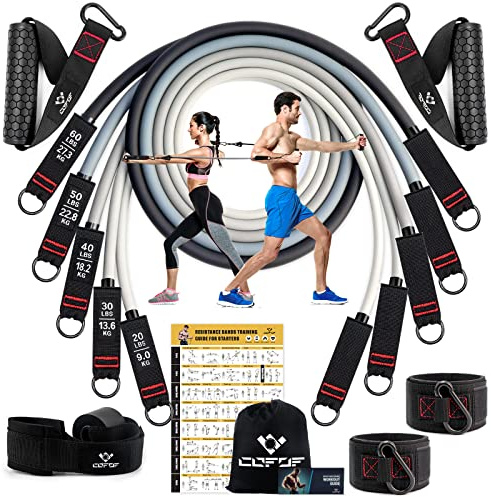 Resistance Bands Widerstandsbänder Set, 5 Fitnessbänder Expander Tube Bands, Fitnessband mit Großem Griff Knöchelriemen Türankerbefestigung Tragtasche, Ideal für Pilates Krafttraining