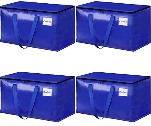 StorageRight Robuste Umzugskartons, Umzugstaschen mit Reißverschluss, verstärkte Griffe und Tasche für Etiketten, zusammenklappbares Umzugszubehör, ideal für Umzug, Aufbewahrung und Reisen, 93 l, Blau