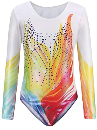Cucudy Girls Leotard White Yellow Gradient Color Sparkling Long Sleeve Dance Ballet Gymnastics Athletic for Little Girls 5-12 Years
