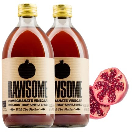 Rawsome Vinegars - Vinagre de Granada con la Madre 100% Natural. Vinagre Ecológico Puro Sin Filtrar, Vegano y Vegetariano. Sabor Fresco. Botella de Vidrio 500 ml. Pack de 2.