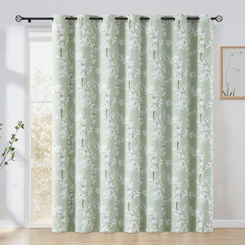 FMFUNCTEX 100% Blackout Sliding Door Curtains for Living Room, Green Floral Print Extra 100 Wide Window Curtain Panels for Sliding Glass Door, Thermal Insulated 1 Panel Grommet (White on Sage)