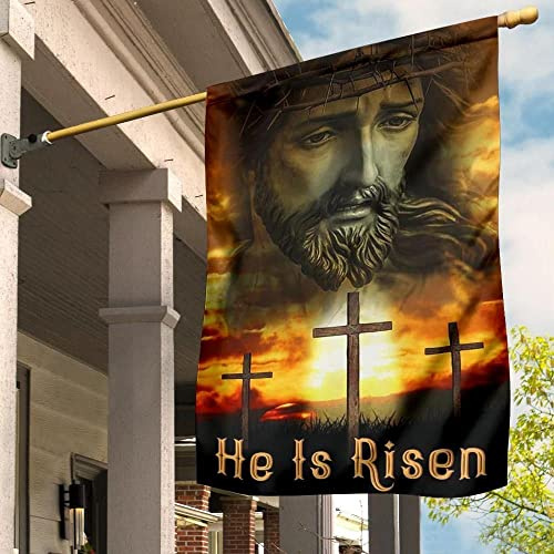 Banner Jesus Christus Sonnenuntergang He Is Risen Cross Happy Easter Flagge Gartenflagge Outdoor Banner Hofflagge für drinnen und draußen Halloween C 32 cm x 48 cm