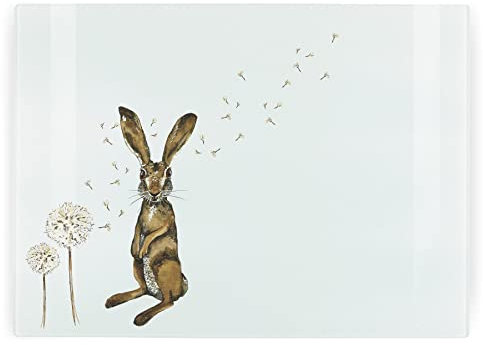 Hares Rectangular Large Glass Worktop Protector - Painted Hares & Dandelions by Rhiannon Chauncey - Textured Kitchen Chopping/Cutting Board Worktop Saver with Non-Slip Feet 39cm x 28.5cm (15 x 11)