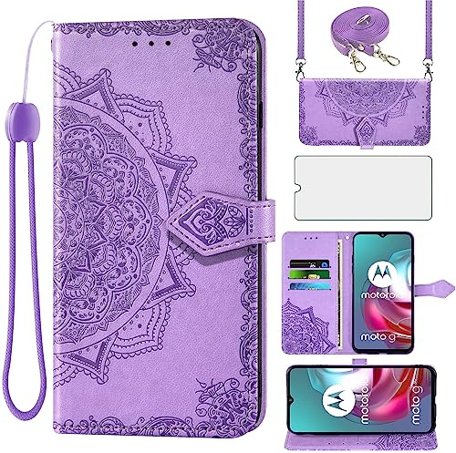 Asuwish Funda Mandala para Motorola Moto G30/G20/G10 con Cuerda y Cristal Protector de Pantalla Tarjetero Plegable Cadena Cuero Monedero G 30 20 10 Power 30G Carcasa Phone Case Púrpura