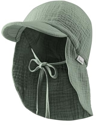 Sterntaler Schirmmütze Nacken Musselin - Unisex Mütze aus Baumwoll Musselin (Bio) - UV-Schutz 50+ Sonnenhut mit Nackenschutz - Baby- und Kinder Sommer Kopfbedeckung zum Binden - mattgrün, Größe 43
