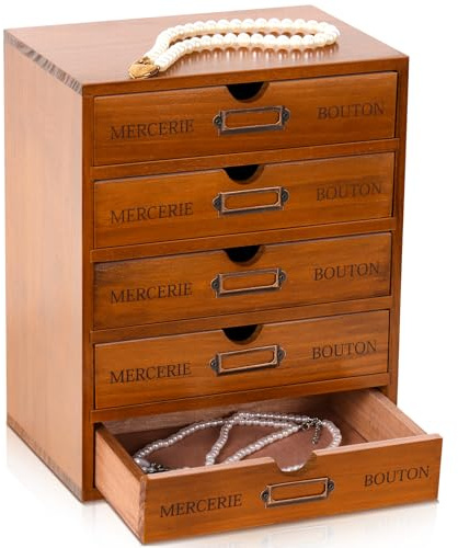 Wesiti 5 Drawer Vintage Wooden Desk Organizer, Apothecary Cabinet Storage Drawers, Rustic Shelf Drawer, Home Office Organizers and Accessories, Embroidery Floss, Craft, Art, Jewelry Storage, Stackable
