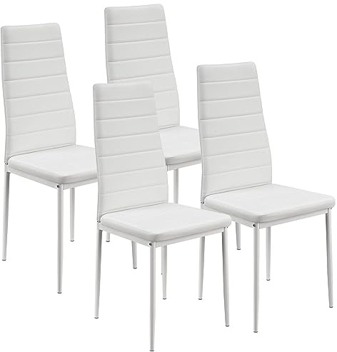 Juskys Set da 4 sedie da pranzo Loja con rivestimento in ecopelle e schienale alto - struttura in acciaio stabile, supporta fino a 120 kg - sedie da cucina e sala da pranzo bianche
