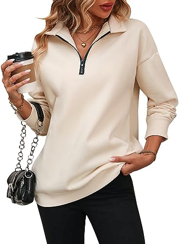 LEKOPUR Halvdragkedja pullover sweatshirt kvinnor v-ringad tröjor höst vinter långärmad t-shirts toppar damer enkla tröjor y2k jumper dam enkla långa tröjor för kvinnor, BEIgE, M