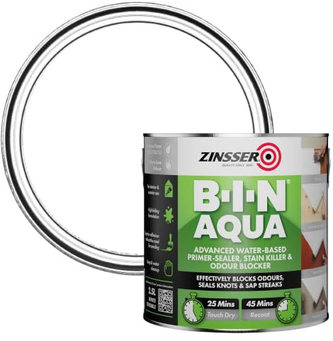 Zinsser B-I-N AQUA 2.5L | Water-based synthetic shellac primer and sealer for knot blocking, stain sealing and adhesion promotion.