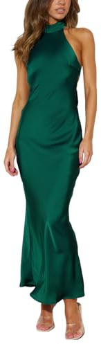 Phicia Sexy Satin Halter Neck Backless Maxi Dress for Women Elegant Tie Cowl Back Formal Wedding Guest Dress for Summer ForestGreen
