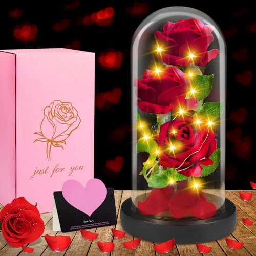 ENCOUN Rosa Eterna, Rosa Bella y Bestia, Rosa Eterna en Cúpula Cristal con Luz LED, Rosas Eterna Natural Preservada, Flor Eternas Regalo para Aniversario, Día de San Valentín, Día de la Madre