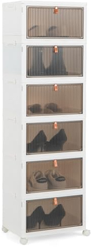 COSTWAY 6-Ebenen Aufbewahrungsboxen mit Deckel und Rollen, Stapelboxen mit magnetischen transparenten Türen, zusammenklappbare Boxen zur Aufbewahrung von Schuhen, Spielzeug, Kleidung