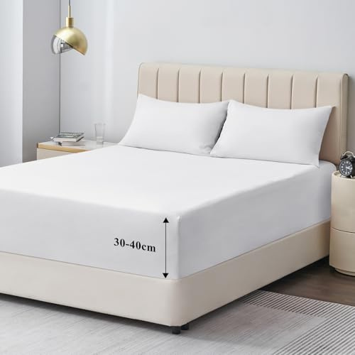 Aisbo Spannbettlaken 140x200cm Bettlaken Boxspringbett - Bett Laken Weiß 140x200 aus Premium Mikrofaser, weiches Spannbetttuch 140 x 200 Weiss Steghöhe 40cm für Wasserbett Bed Fitted Sheet