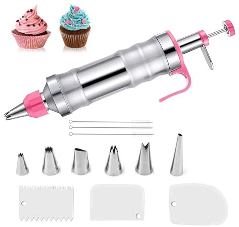 rflaueo Icing Sets for Cake Decorating Stainless Steel Pieces Dessert Syringe Kit Baking Tools with 6 Pieces Icing Nozzles, Dessert Cream Scraper(U164-1)
