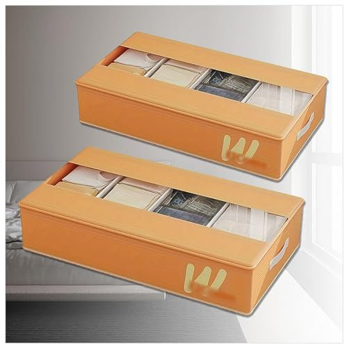 RYJYQYX Unterbett Aufbewahrung Faltbar mit 5 Verstellbaren Trennwänden, Unterbettkommode mit transparenter Deckel, Bettkasten Aufbewahrung Unterbett-Organizer Für Kinder Und Erwachsene,Orange-2Pcs