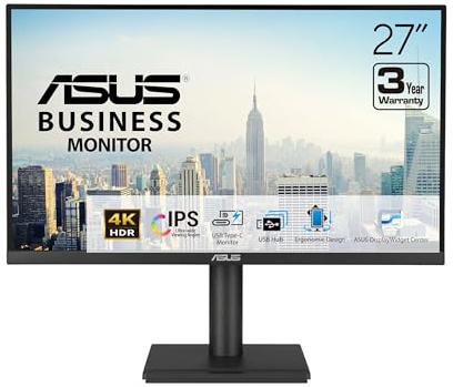 ASUS 27” 4K Business Monitor (VA27UCPS) - UHD (3840 x 2160), IPS, 99% sRGB, HDR-10, USB-C PD65W, USB Hub, Speakers, Eye Care, Ergonomic, VESA Wall Mountable, Green Sustainability, 3 yr Warranty