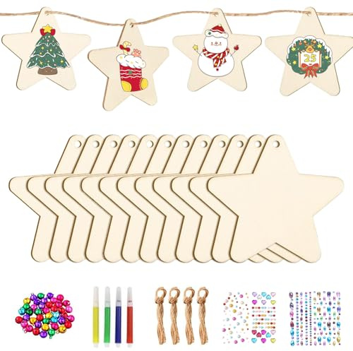 36 Stück Holzsterne Holzanhänger Weihnachten Bastelset für Kinder,Weihnachtsbasteln Weihnachtsdeko Holz Weihnachtsanhänger Baumschmuck Weihnachten Geschenkanhänger Deko Holzsterne Weihnachtsbaum
