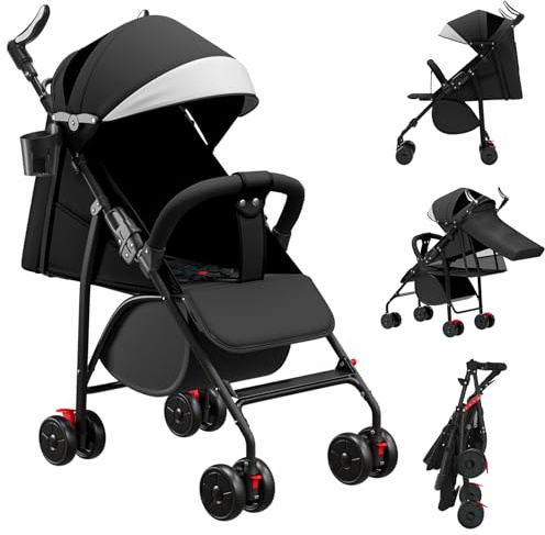 Buggy, Kinderwagen Zusammenklappbar mit Wattepads und Moskitonetzen, Reise-Kinderwagen mit Liegefunktion, Kann Sitzen oder Liegen (schwarz)