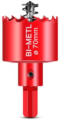 HOHXEN Lochsäge 70mm, M42 HSS Heavy Duty Bi-Metall Lochsäge mit Positionierbohrer zum Schneiden von Mildstahl, Edelstahl, Gusseisen, Messing, Aluminium, Holz, PVC-Rohr, Gipskarton, Dichtebrett - Rot