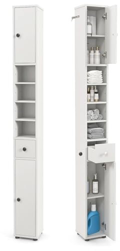 COSTWAY Badschrank schmal, Badezimmerschrank mit 2 Türen, 1 Schublade & verstellbaren Regalen, Bad Hochschrank, Badregal platzsparend für Badezimmer, Wohnzimmer, 20 x 20 x 180 cm, Weiß