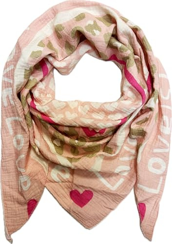 XL Dreieck Strickschal Herz Leopard Frühling Schal 100% Baumwolle Made in Italy Fashion Tuch Dreieckschal Stola Herbst Frühling Tuch Leo Love is Love Happy