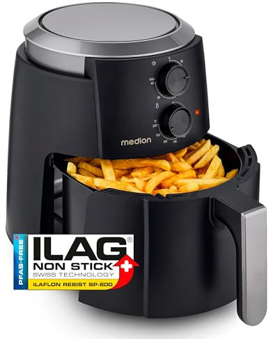MEDION P30 L Heißluftfritteuse (4,7 Liter, Airfryer, 1500 Watt, einfache Bedienung, ölfreies Frittieren, 60 Min Timer, bis zu 200° C, Antihaft-Beschichtung, MD13020) schwarz