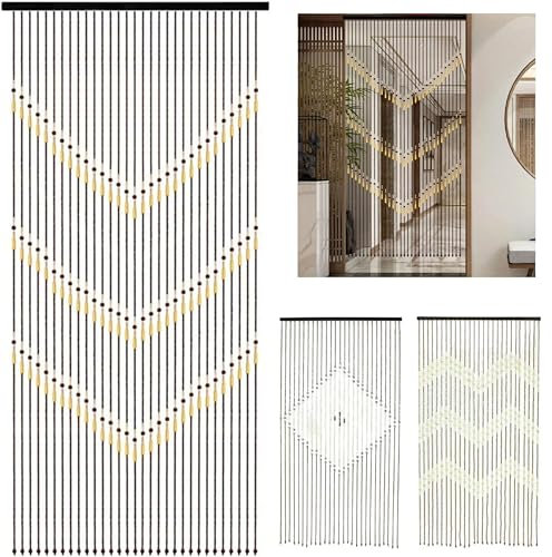 Bamboo Wooden Beaded Door Curtain – 90x175cm Fly Screen, Insect Stopper, Decorative Room Divider, Assorted Designs, Handmade Natural Bamboo Beads for Home, Kitchen, Patio