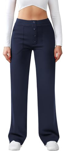 Friptspyg Dam hög midja breda ben byxor knapp raka ben byxor casual arbetsbyxor stretch yogabyxor med fickor, marinblå, XL