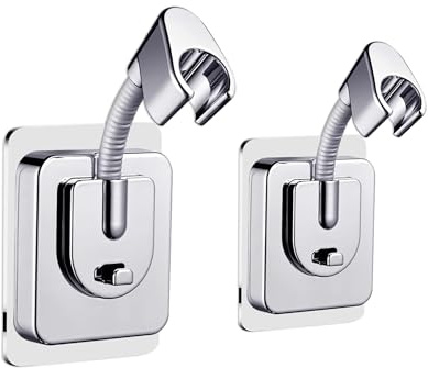 2er Set Duschkopfhalter ohne Bohren, verstellbar mit Silikon-Adapter, Chrom-Finish, Wandmontage mit starkem Kleber, Duschhalter für Handbrause im Bad Duschkopfhalterung mit 360° Drehung