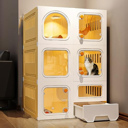 Indoor Katzengehege, 3-stöckige Hundehütte mit Katzentoilette, DIY Kunststoff Villa Laufstall, einfache Montage, abnehmbarer Übungsraum für Katzen