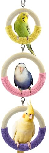 Jevnd 3-Ring Bird Swing Toy, Wrapped with Cotton Rope for Parrots Soft Grip, Thick Wood Parakeet Swing Perch for Cage, Hanging Climbing Bird Toys for 2-3 Parrots Budgies, Lovebirds, Cockatiels