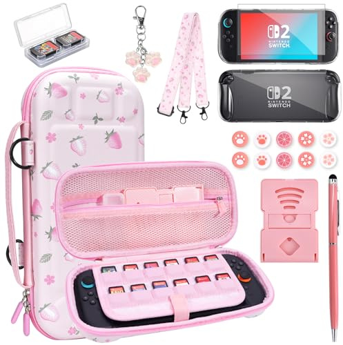 FIWWAT 17 en 1 kit D’Accessoires pour Nintendo Switch 2 - Housse de Transport Portable, Protège-Écran, Protège-Joystick, Support, Étui de Protection, Rose