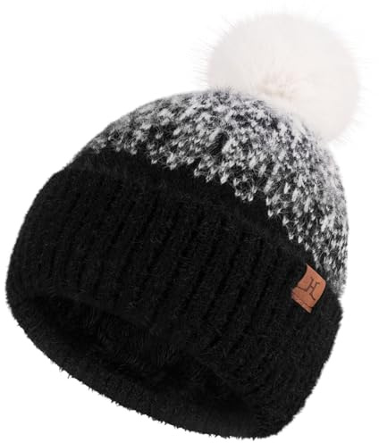 Bequemer Laden Bonnet Femme Polaire Hiver Chaud Tricot Anti Froid Cadeau | Bonnets Thermique Doublé Polaire Chapeau Femme Pompon Bonnet Noir Bord Large Idee Cadeau Noel Maman Soeur Adolescente Fille