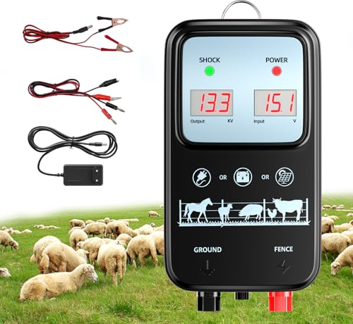 Yapasopu Dispositivo de la cerca eléctrica 12V 2 J,Pastor electrico solar 15 km, postes para cercas eléctricas IP44, para caballos, ganado vacuno, cabras, 3 modos de alimentación (negro)