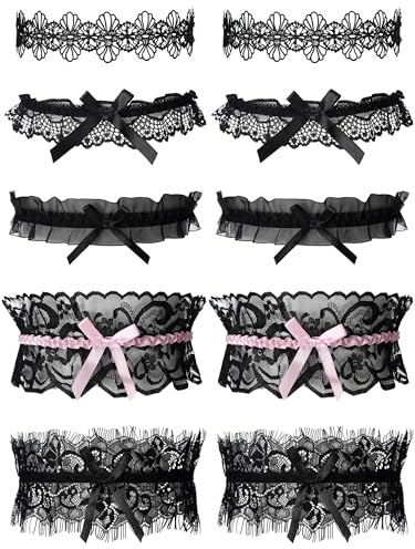 Boao 10 Pcs Wedding Garters for Bride Stretchy Lace Thigh Garters Belt Women Leg Ring for Bride Bridal Wedding Gift, 5 Style(Black,Normal)