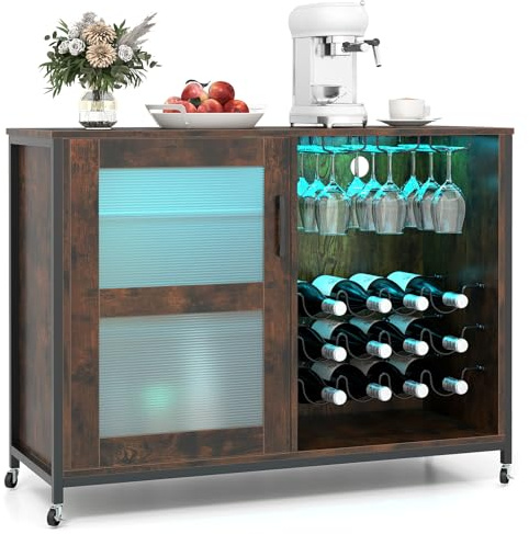COSTWAY Weinschrank mit LED-Beleuchtung, Barschrank mit Rollen, verstellbaren Regalen, Glas- & Flaschenhalter, Fernbedienung, industrieller Küchenschrank, Sideboard für Esszimmer, Wohnzimmer