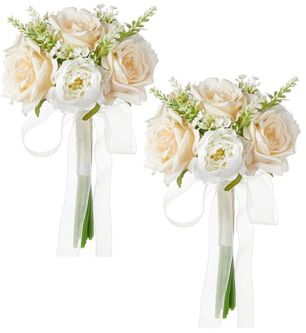 Fictory Bouquet di margherite e rose artificiali, confezione da 2 bouquet da sposa bianco avorio, bouquet da sposa in stile foresta, fiori finti senza seta, per sposa e damigelle d'onore