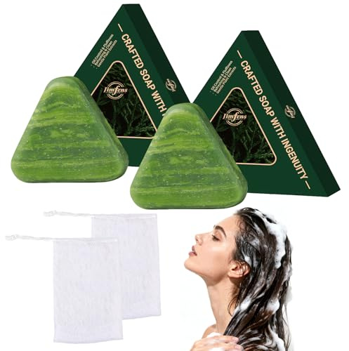 2 Pcs Nature Triangle Shampoo Bar,Solid Green Soap Shampoo Bars with Foaming Nets,Gentle Cleansing & Improve Frizziness Hair for Women and Men