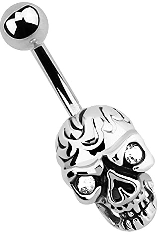 316L Steel Belly Bar with Skull Design 1.6 mm, 12 mm x 1.6 mm, Stainless Steel